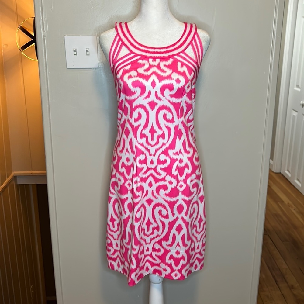 Gretchen Scott Isosceles Jersey Dress in Pink and White Print Rare New Size XS